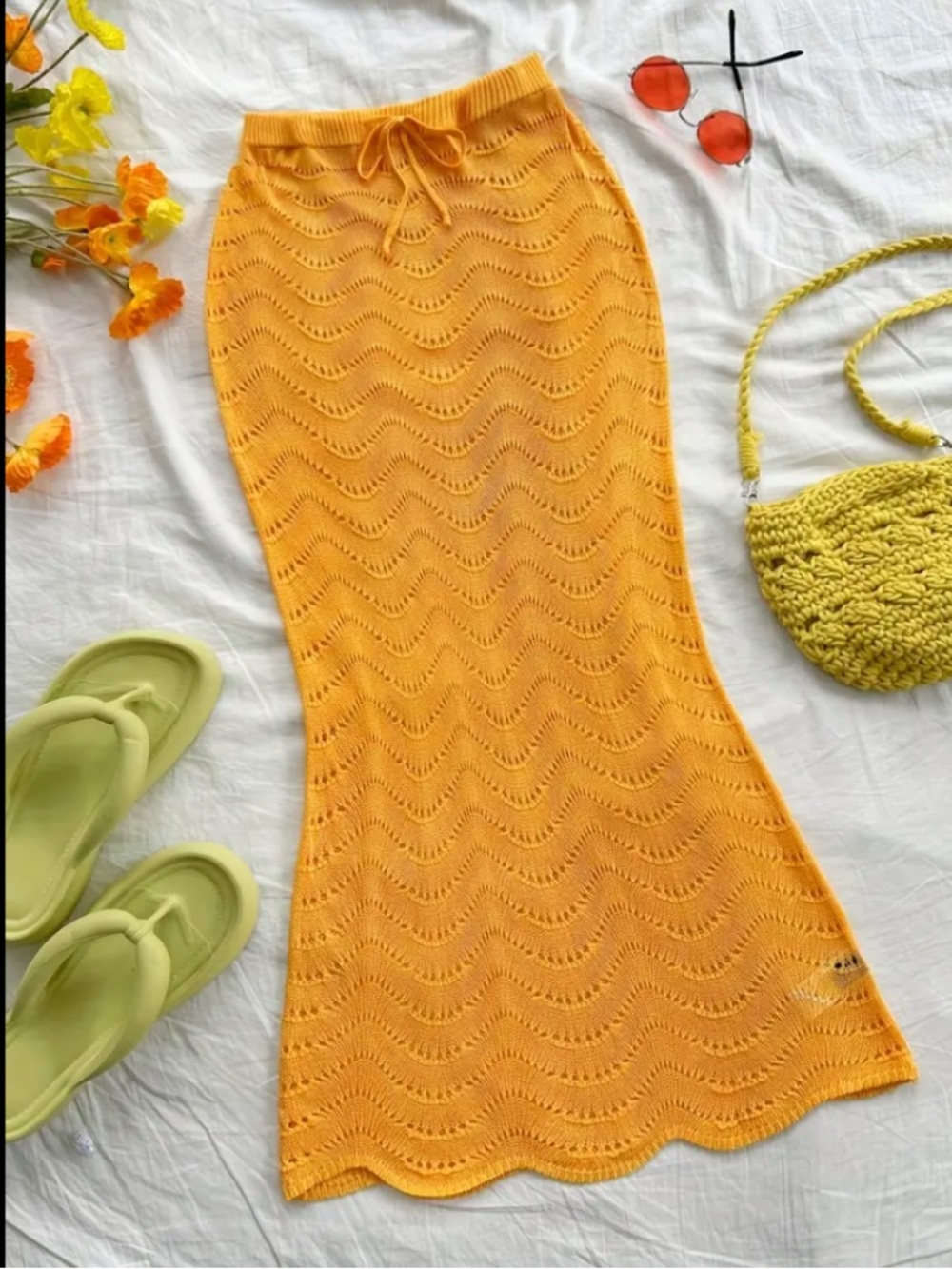 Women’s Vacation Crochet Hollow Knit Skirt  Mustard Yellow Small